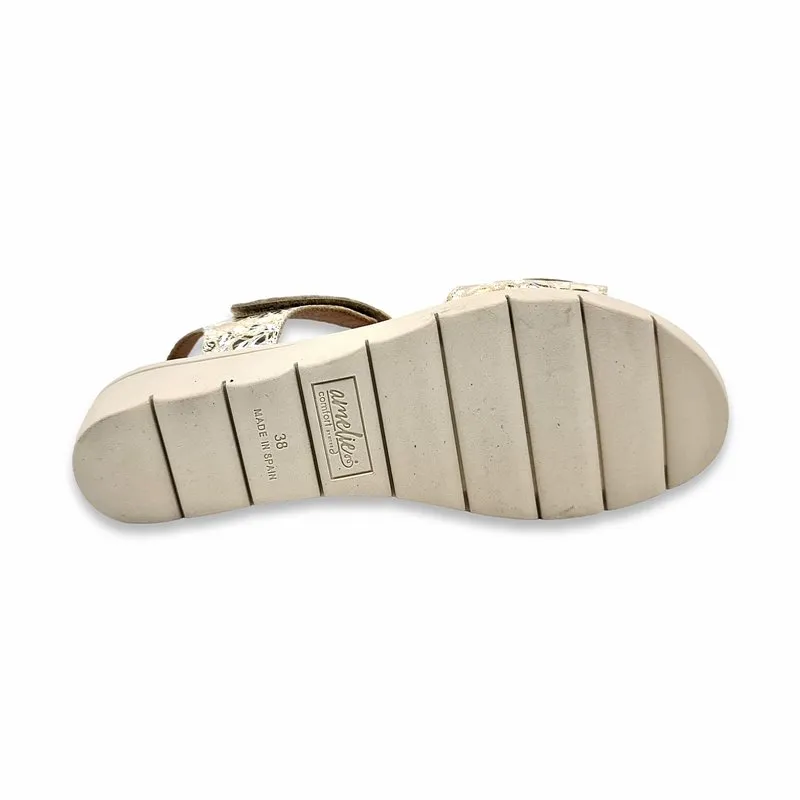 Amelie 286 Platino Low Wedge Women's Sandals with Padded Insole and Velcro Closure, in Genuine Leather