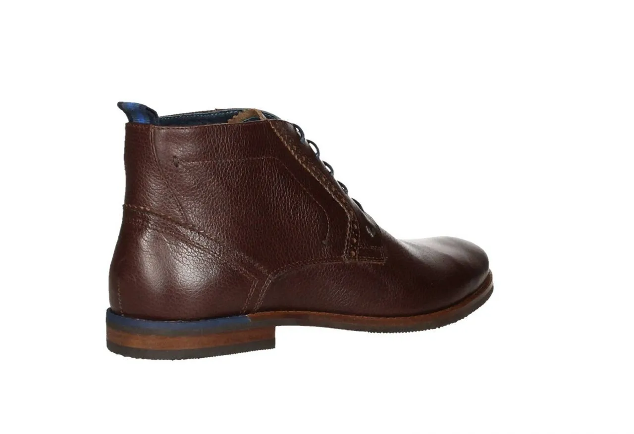 Brown Leather Boots with Blue Laces and Rubber Soles.