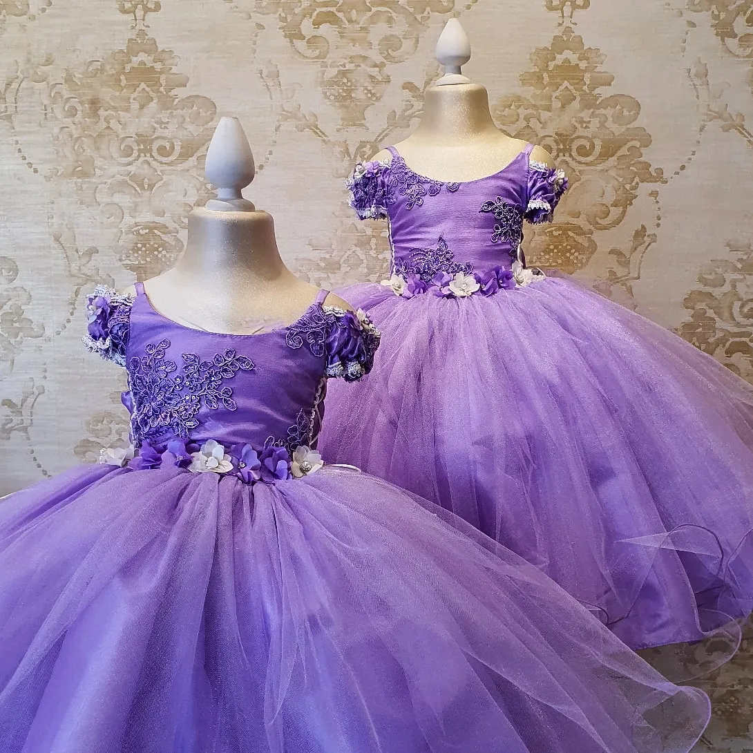 Girl's Lilac Party Dress with Floral Design Sizes 2 to 8 Years