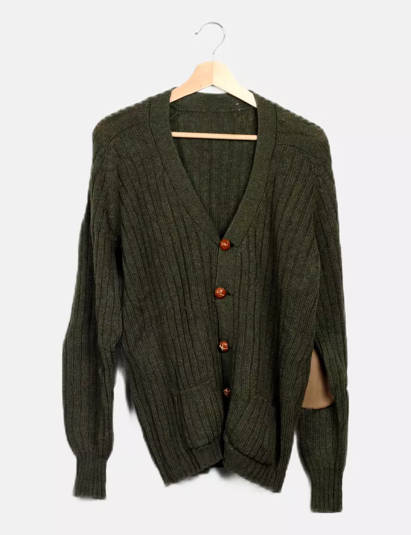 Green button-up cardigan.