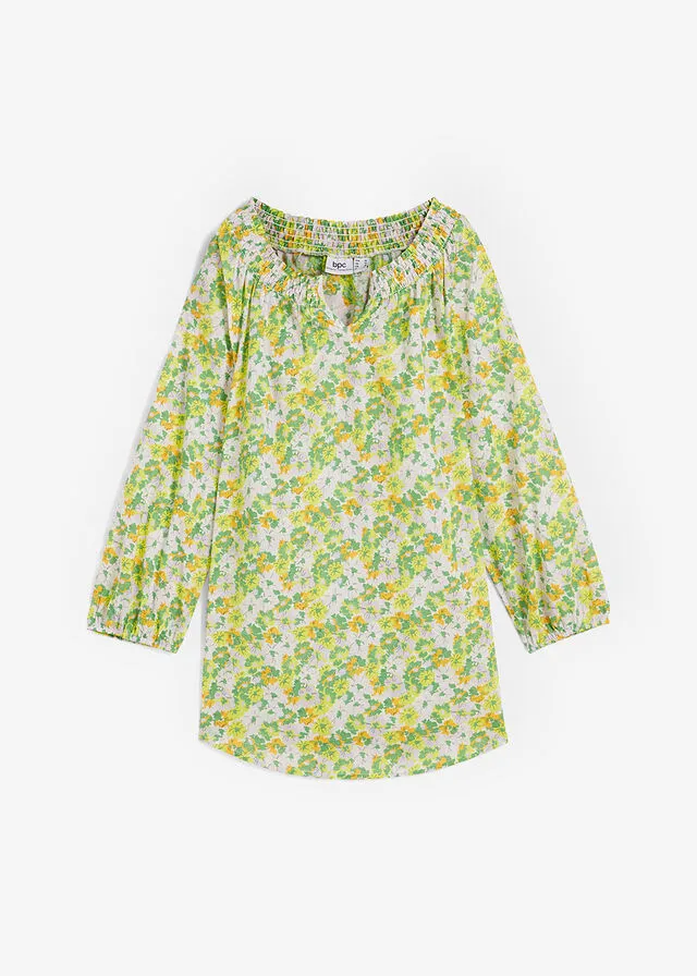 Green Opal Flower Organic Cotton Long Tunic with Honeycomb Detail on Upper Arms