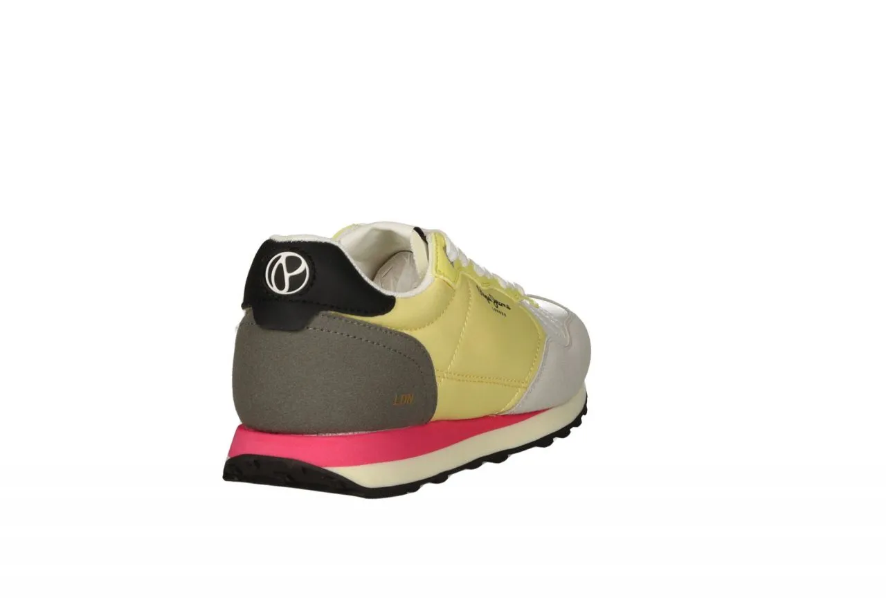 Grey/White/Yellow Nylon Sneakers with Pink Stripe & Rubber Sole