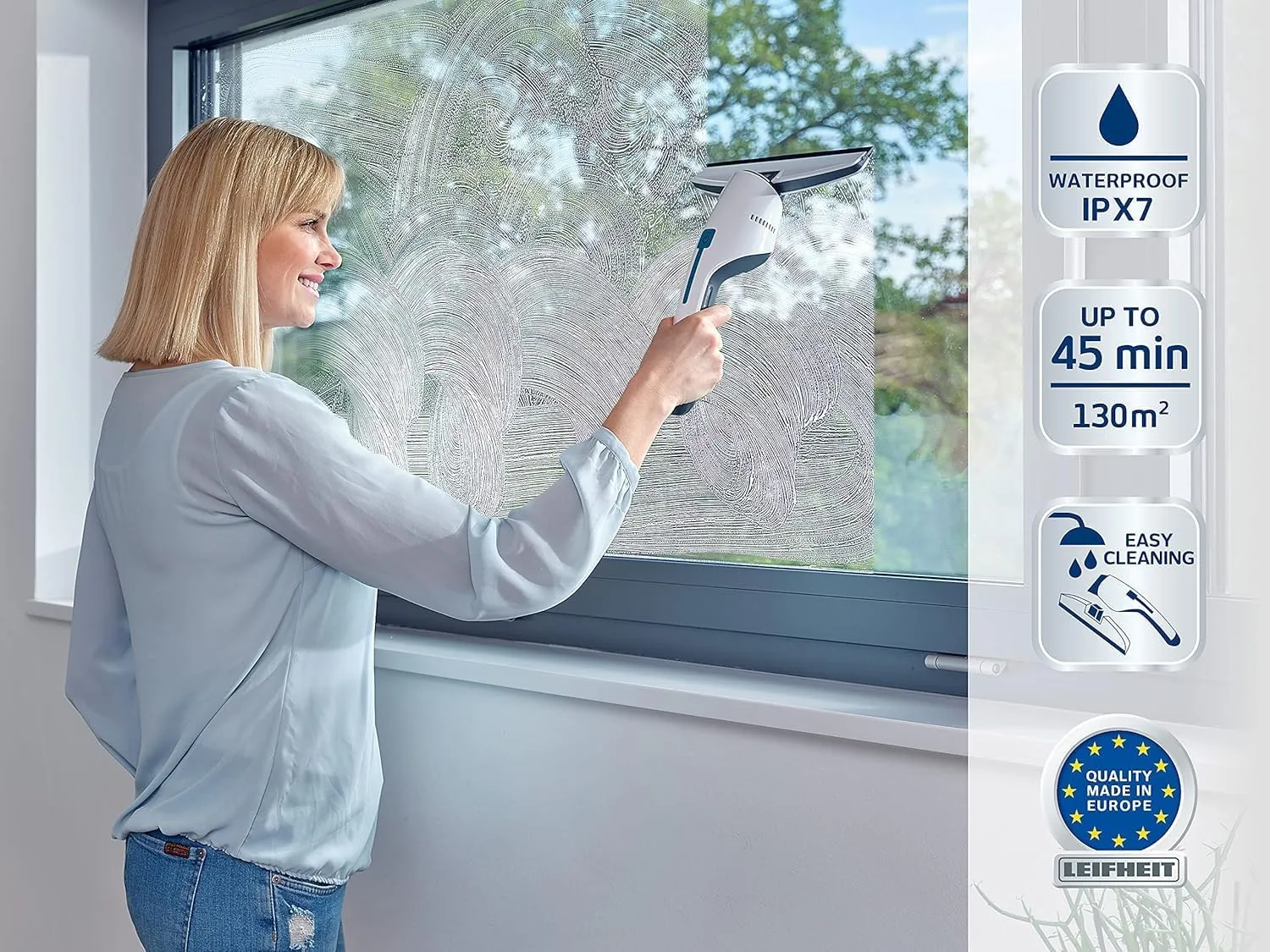 Leifheit Aspirador de ventanas Nemo, limpiacristales recargable ideal para mamparas, aspirador limpiacristales con 45 min. de ba