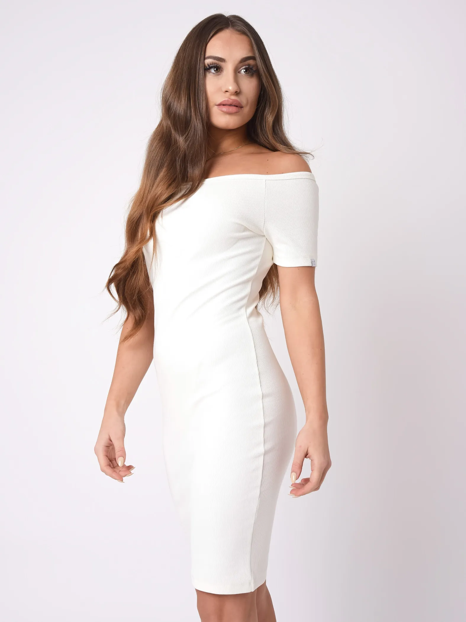 Off-the-shoulder dress.