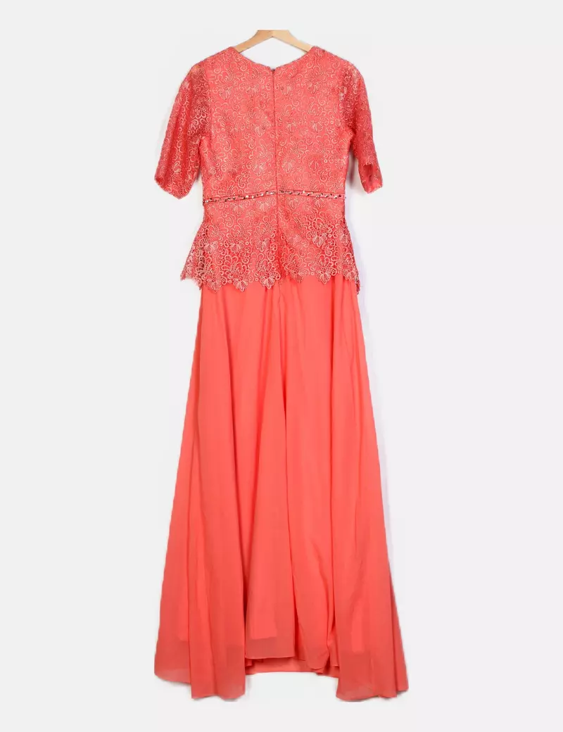 Pink lace party dress with flowing skirt.