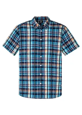 Short Sleeve Blue Checkered Striped Shirt with Comfortable Fit