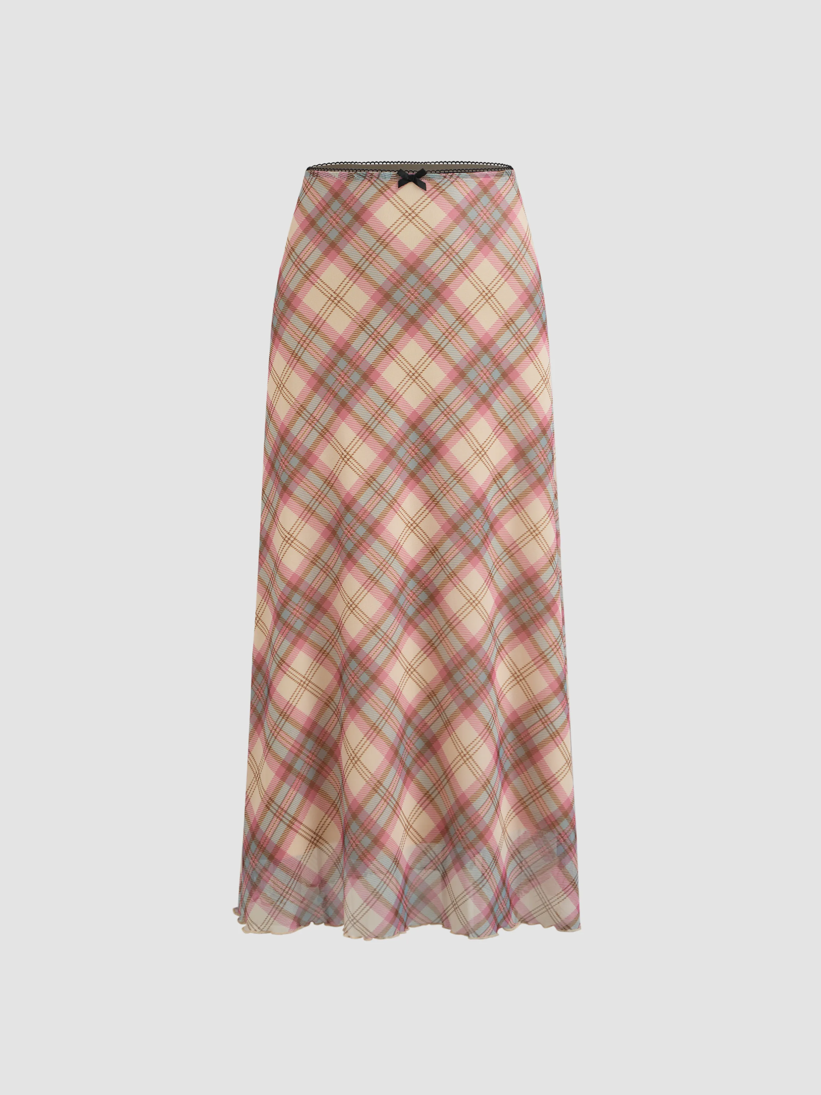 V-Neck Mesh Tank Top with Checkered Bow & High-Waisted Maxi Skirt