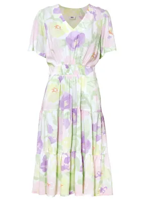 White Floral Viscose Midi Dress with Smocked Bodice and Pockets