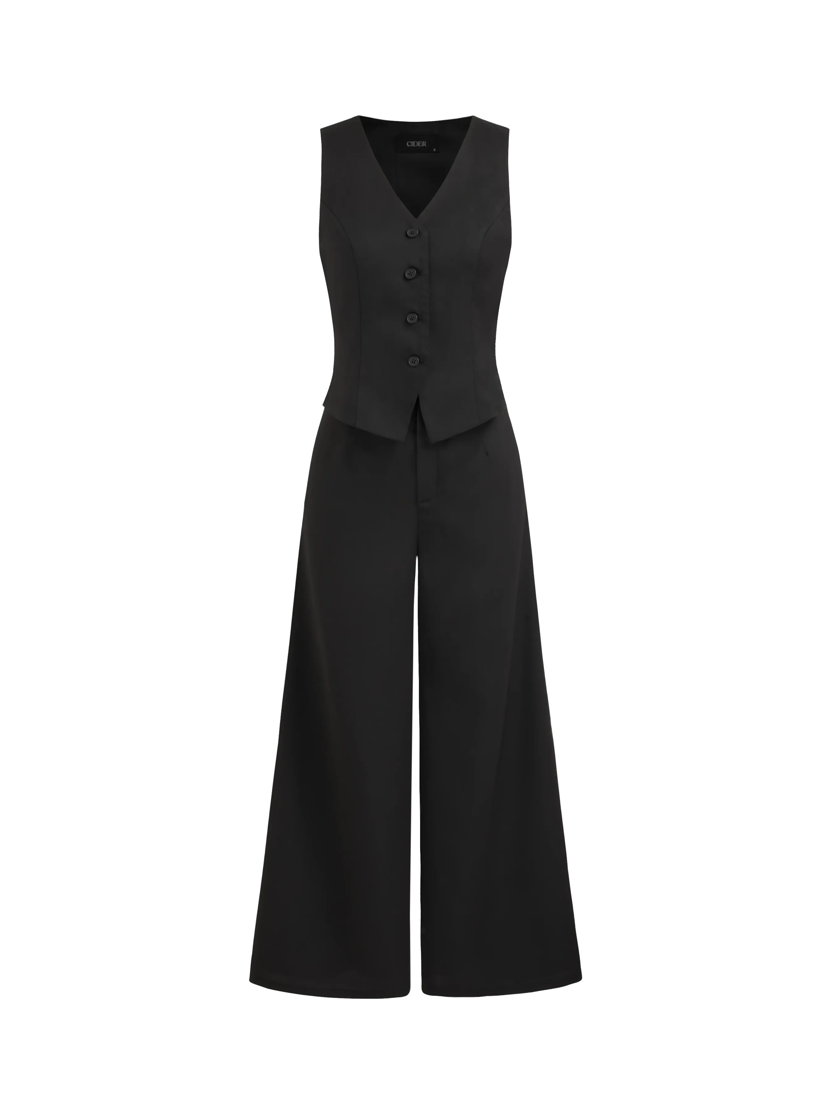 Wide Leg Solid Jumpsuit with Button-Up Detail and V-Neck Vest